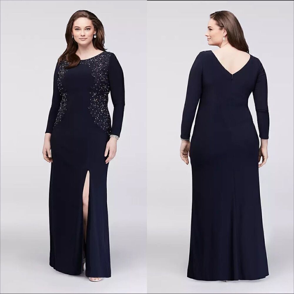 Alex Evenings Crystal Lace Applique Long Sleeve Gown Size 20W Slit Navy